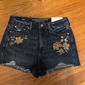 American Eagle navy denim floral embroidered shorts